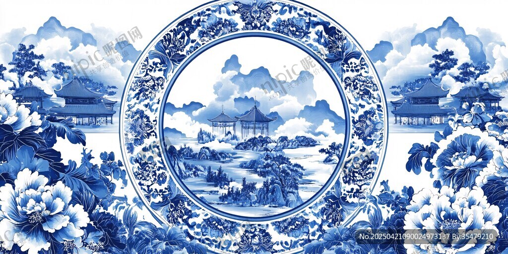 青花瓷盤上的中式山水花卉