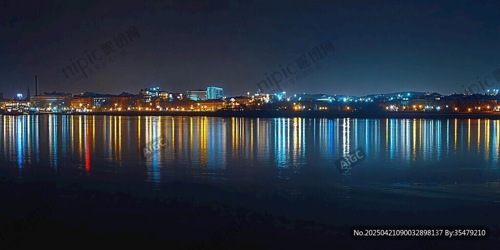 城市夜景湖面倒影