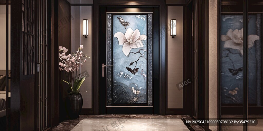 中式玄關(guān) 雅致花卉玻璃門(mén)