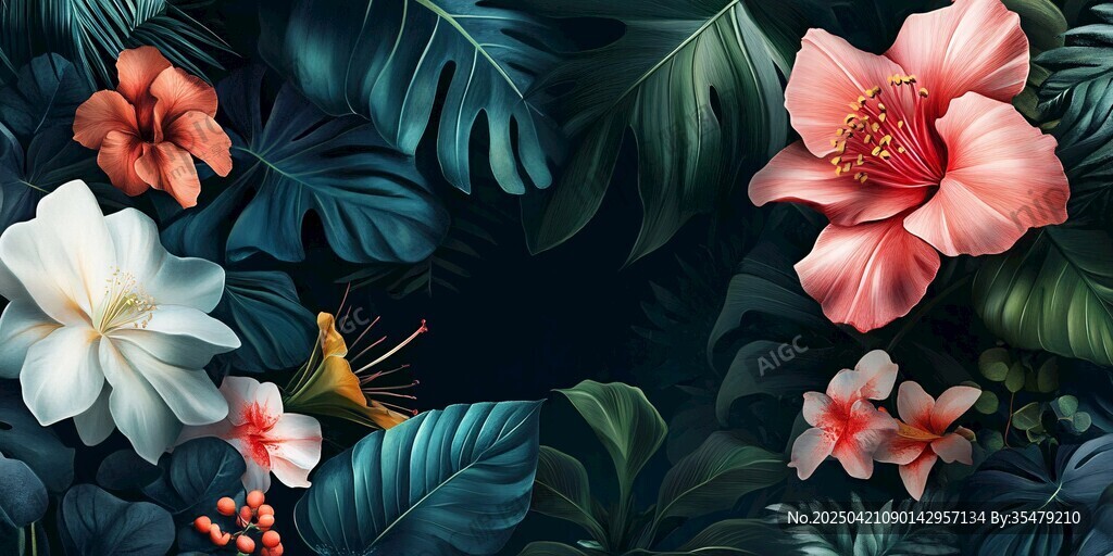 熱帶花卉與綠葉背景圖