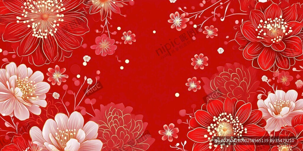 喜慶紅底繁花中式背景圖