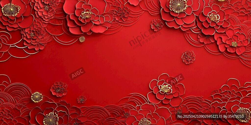 紅色繁花中式背景圖