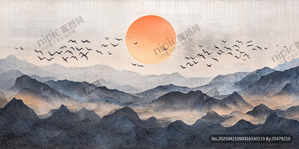 日暮群山飛鳥圖