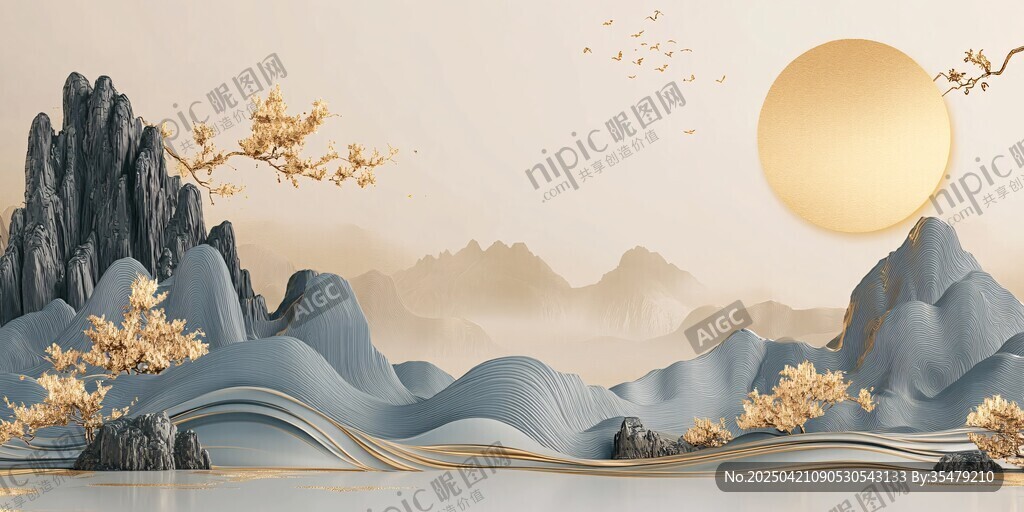 水墨山水間的落日盛景