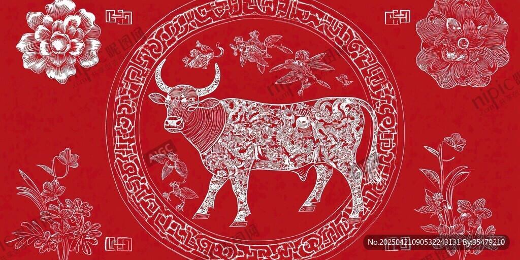 牛年剪紙風紅色喜慶圖案