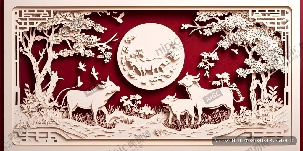 牛年月夜剪紙藝術(shù)作品