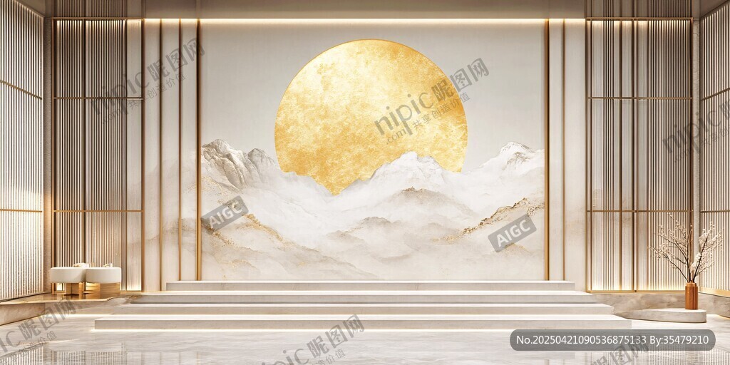 中式客廳 金月山水壁畫裝飾