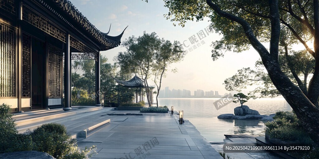 湖畔中式庭院清晨景致
