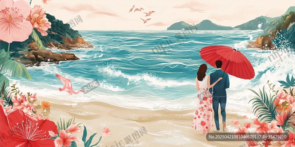 海邊情侶撐傘浪漫賞景