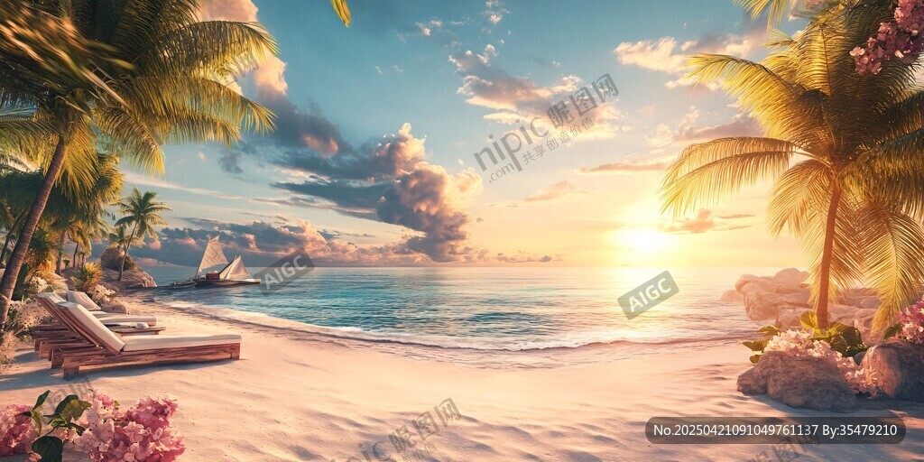 熱帶海灘的迷人日落美景