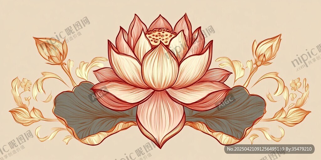 手繪精美蓮花花卉圖案