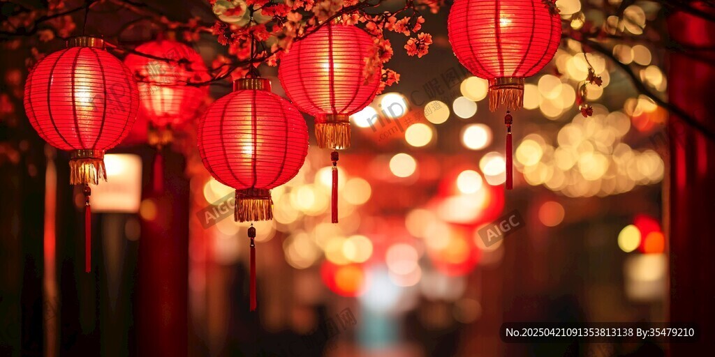 紅燈籠裝點(diǎn)的浪漫夜景