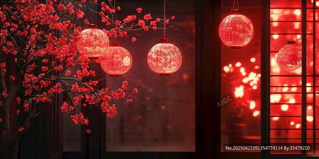 紅燈籠映繁花喜慶場(chǎng)景