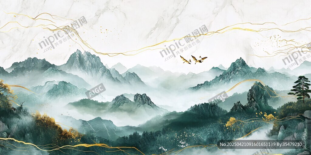 水墨山水間飛鳥翱翔之景