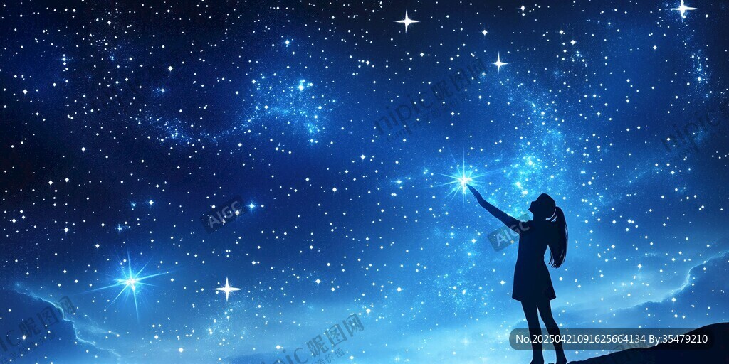 女孩伸手觸星空