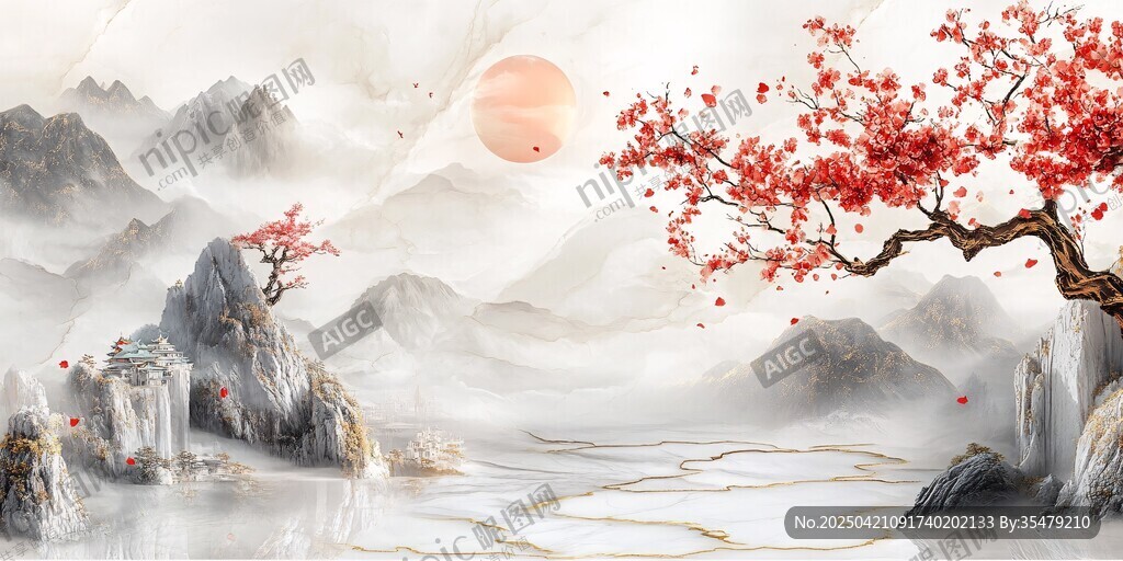 水墨山水間的紅梅映日景