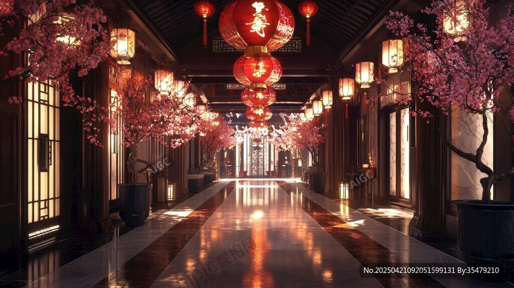 中式長(zhǎng)廊紅燈籠浪漫景致