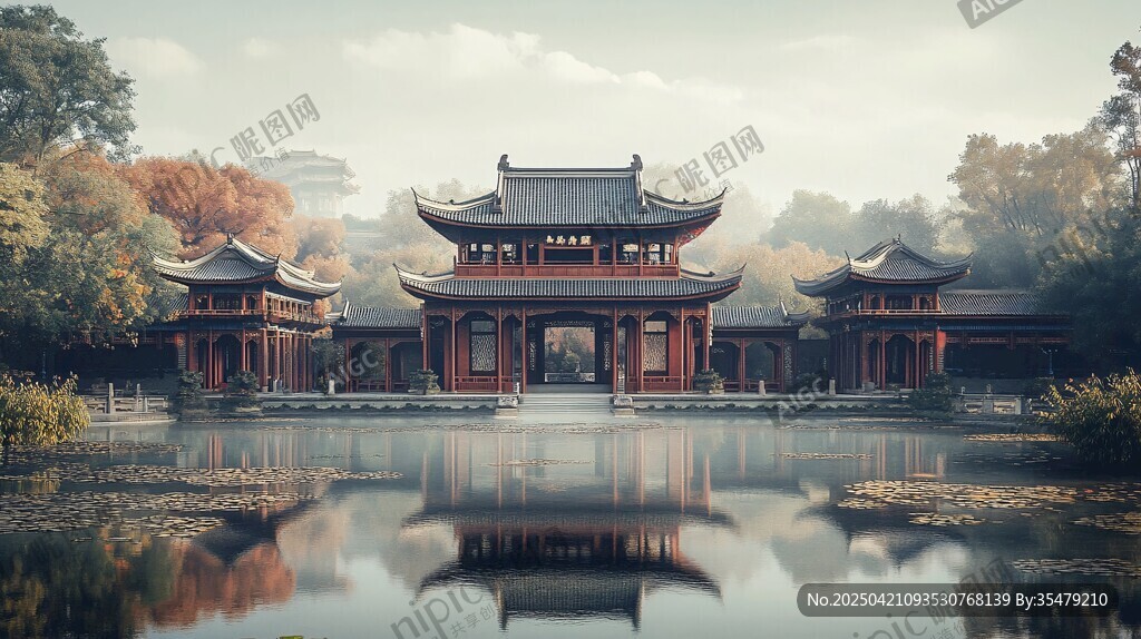 中式古典園林湖畔美景