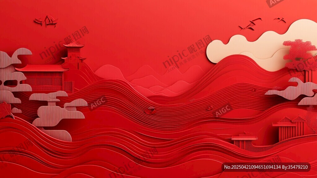 中式紅韻山水剪紙風(fēng)圖景