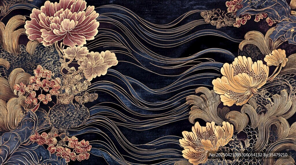 中式花卉海浪紋華麗圖案