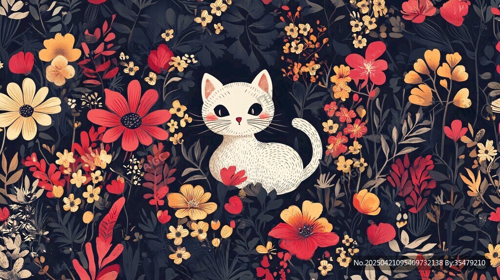 花叢中的可愛小白貓