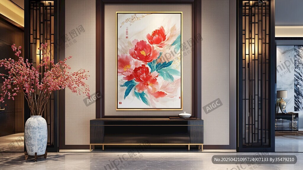 中式客廳的花卉藝術掛畫