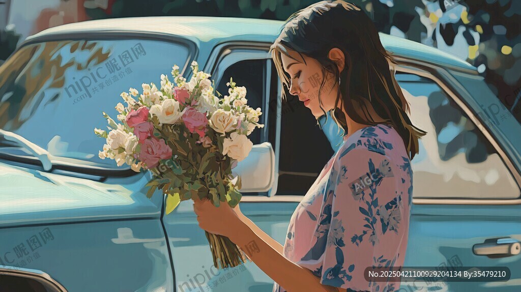 女子持花站在復古汽車旁