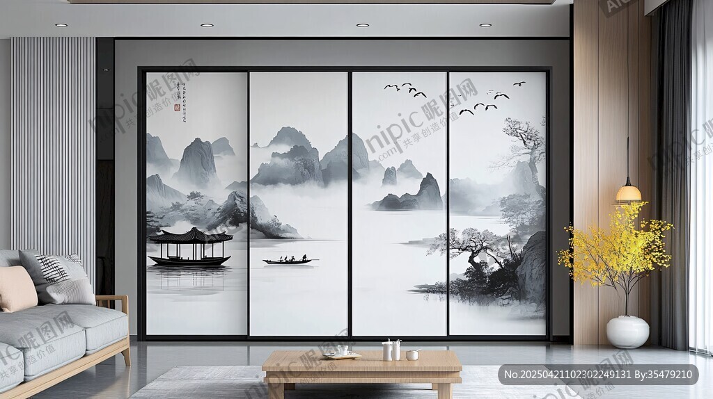 中式山水屏風(fēng)客廳裝飾圖
