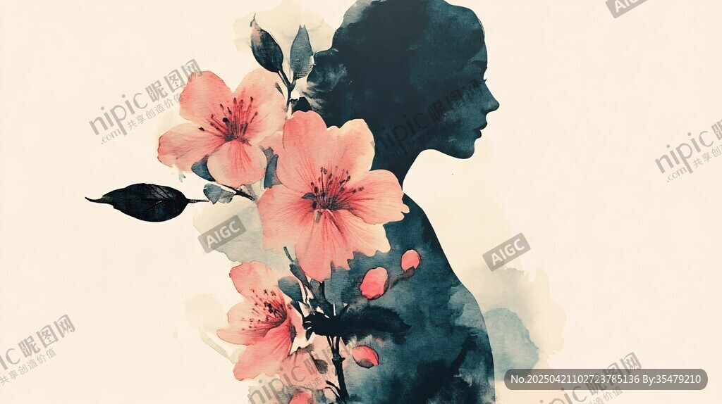 花朵環(huán)繞的女性優(yōu)雅剪影