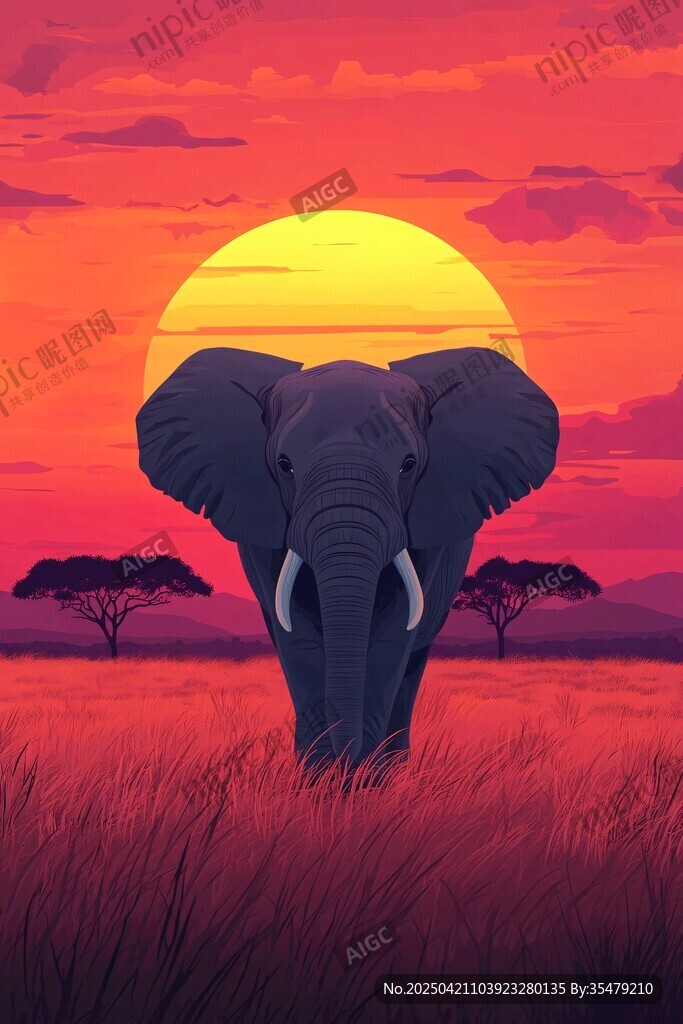 夕陽下獨行的非洲大象