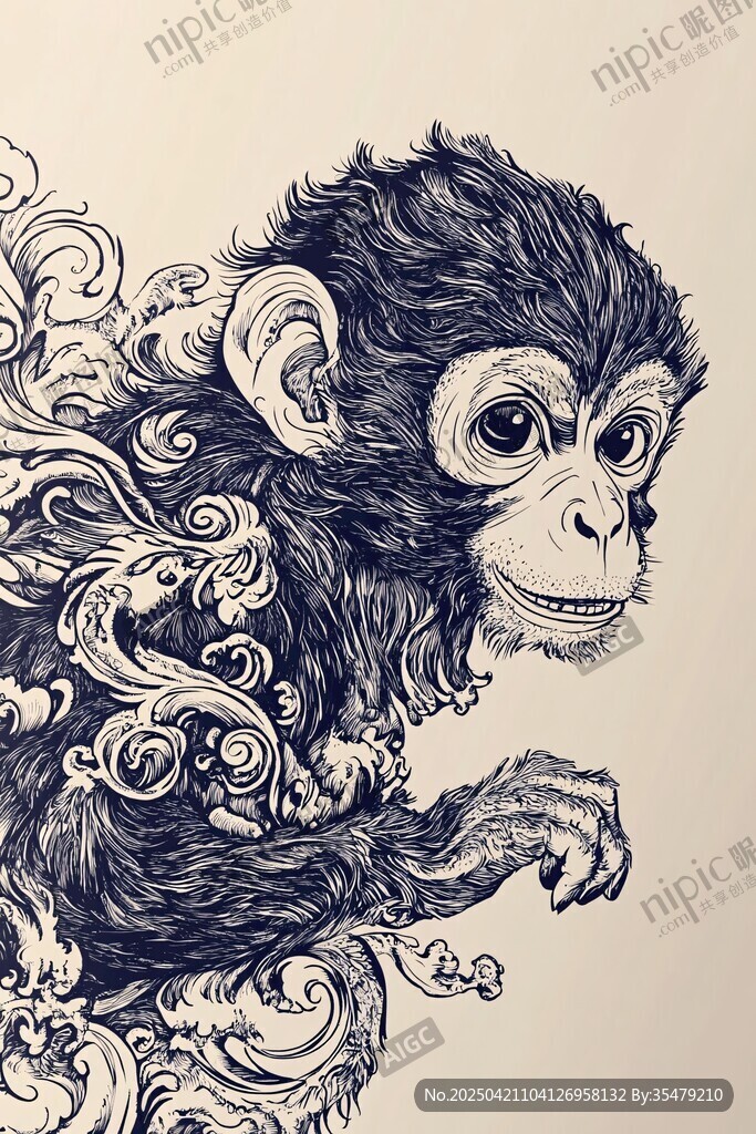 手繪猴子與精美花紋圖案
