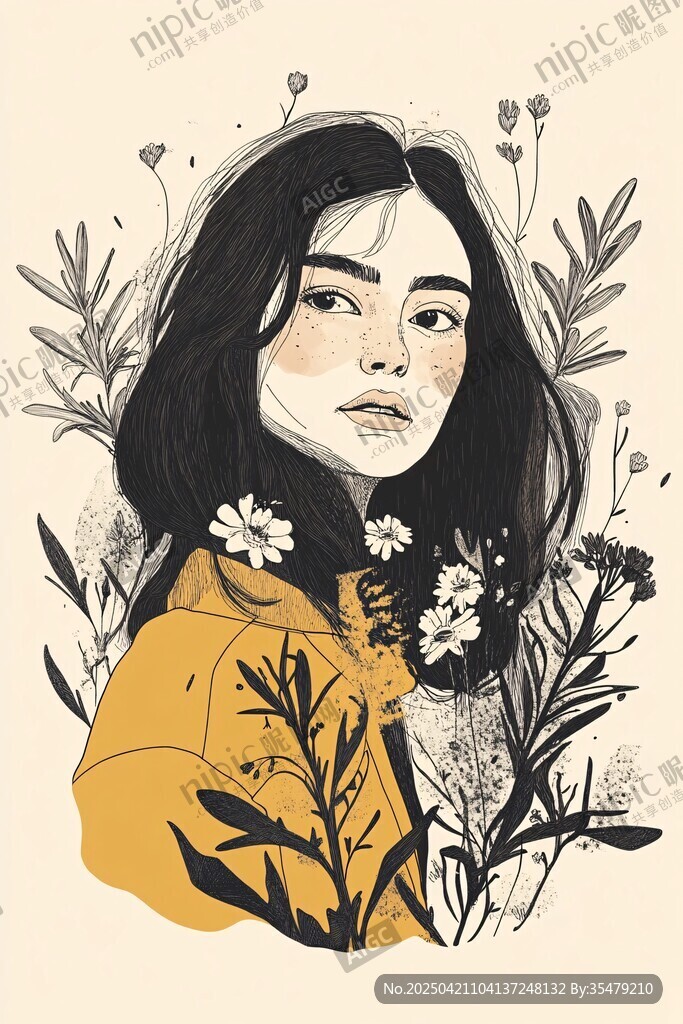 花叢中的黃衣長發女子