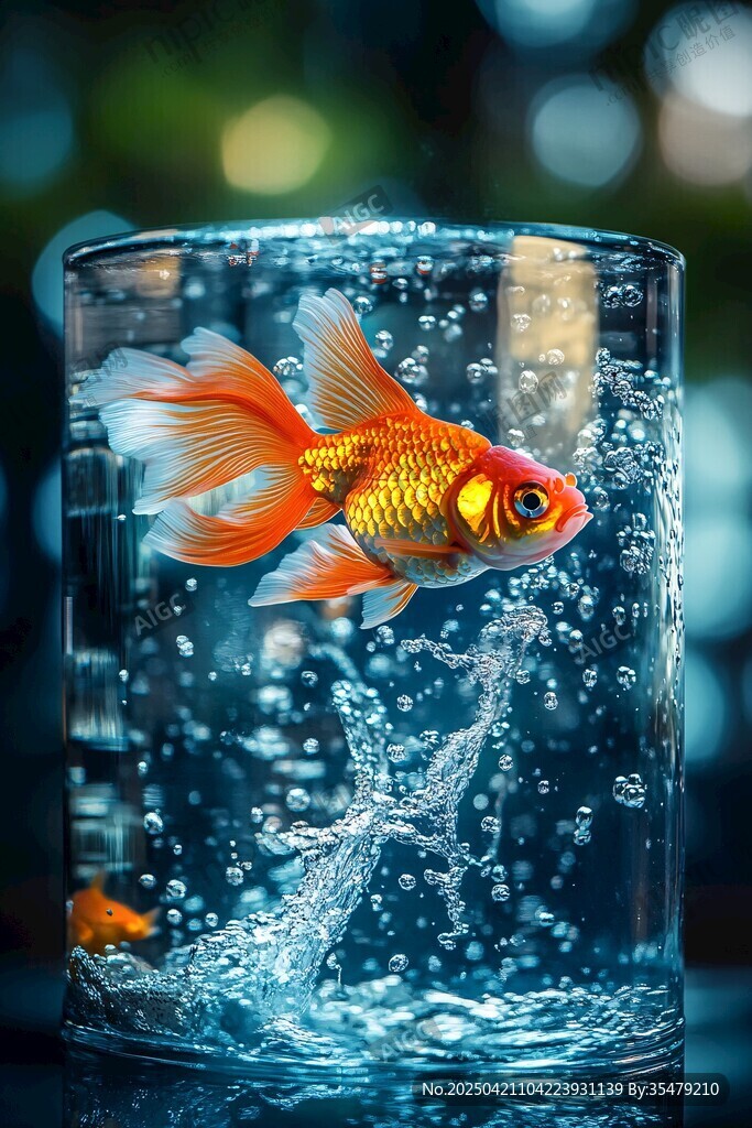 金魚躍出玻璃杯瞬間