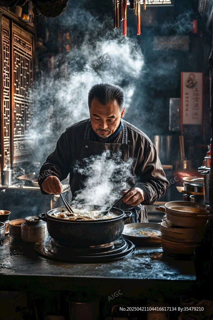 傳統大廚在古灶前烹飪