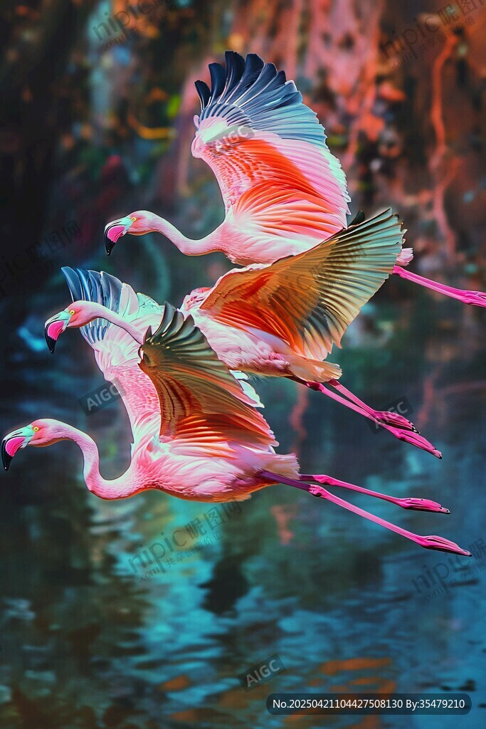 雙火烈鳥優(yōu)雅展翅飛翔