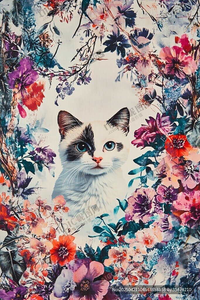 花叢中的可愛貓咪