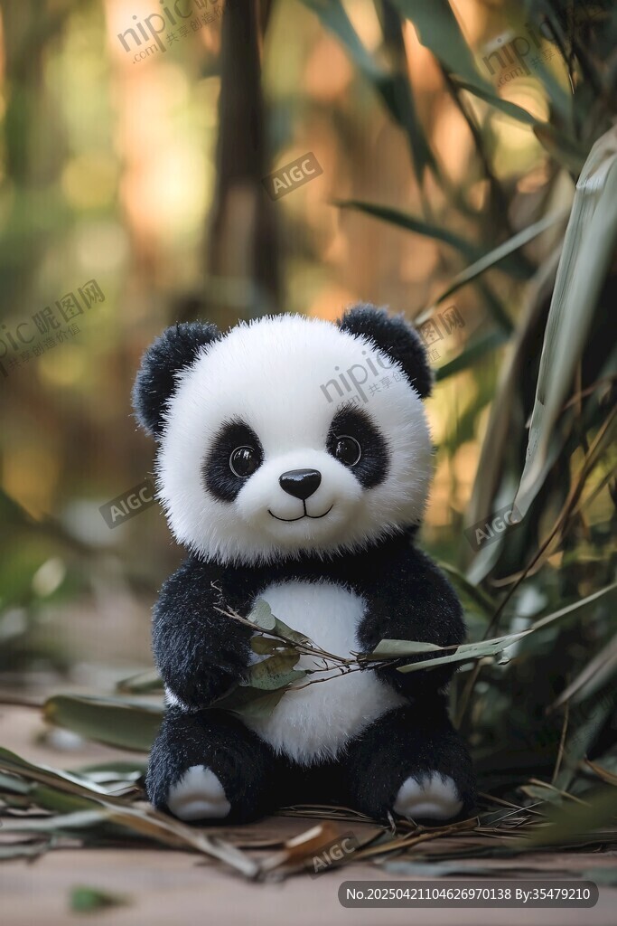 萌態(tài)熊貓玩偶坐于竹林間