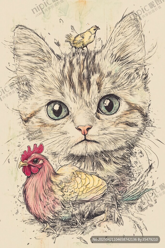 小貓與雞鳥的溫馨插畫