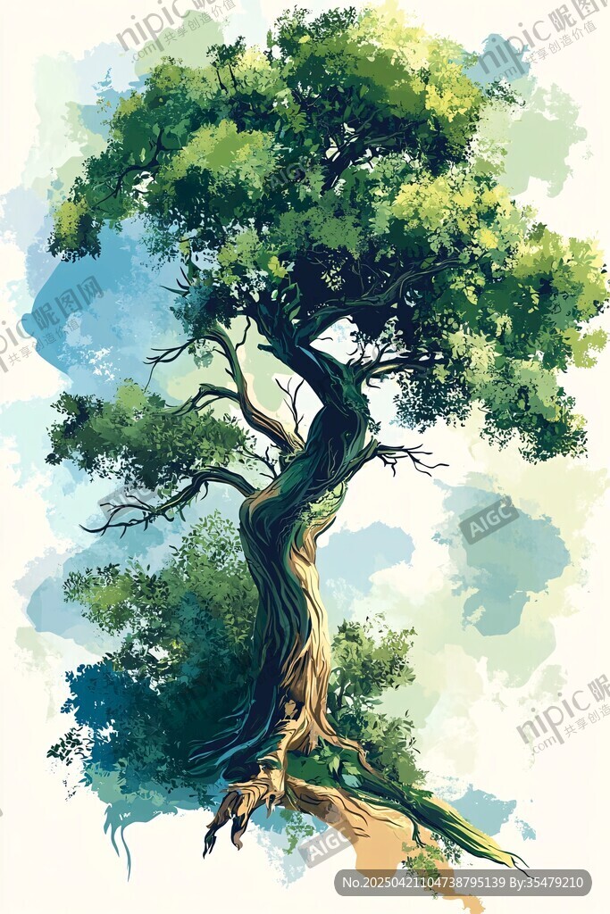 水墨風(fēng)獨(dú)株綠樹插畫