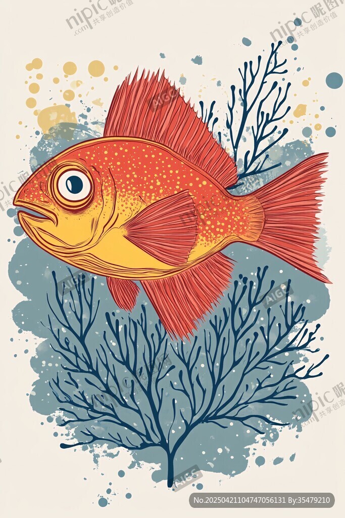 海洋紅魚與海藻插畫