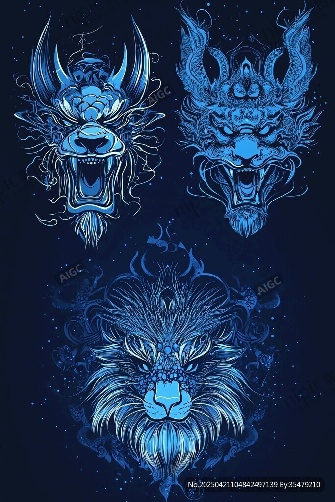 藍色奇幻神獸頭像插畫