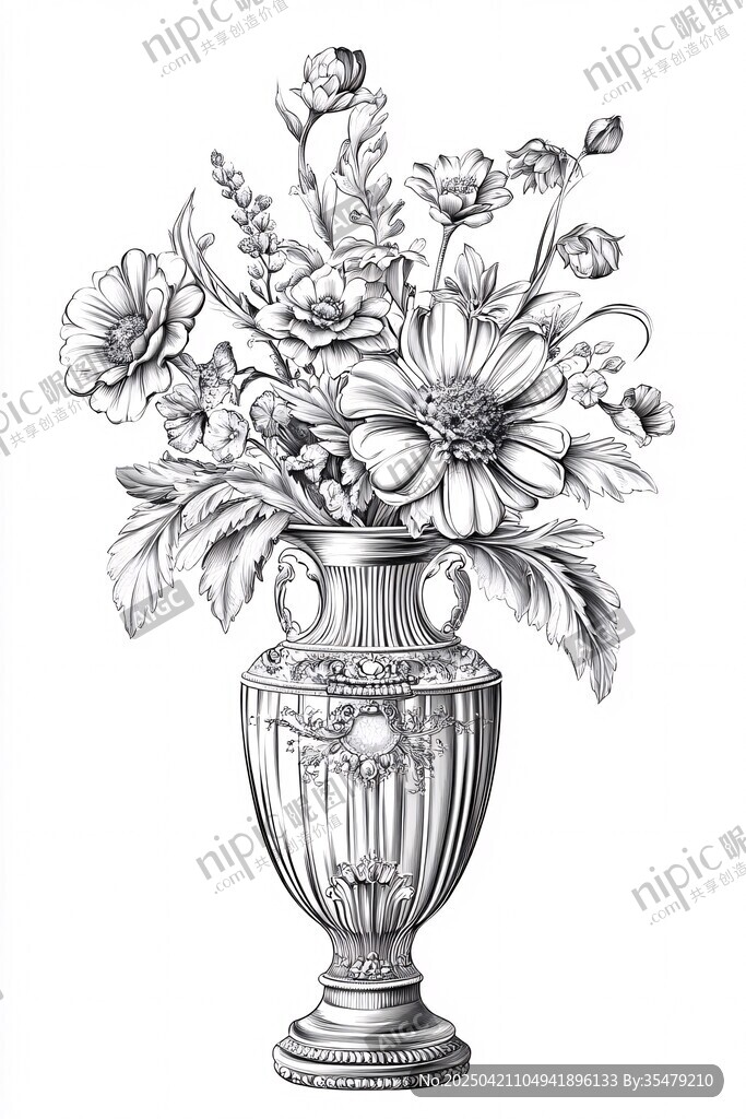 復(fù)古花瓶中的花卉插畫