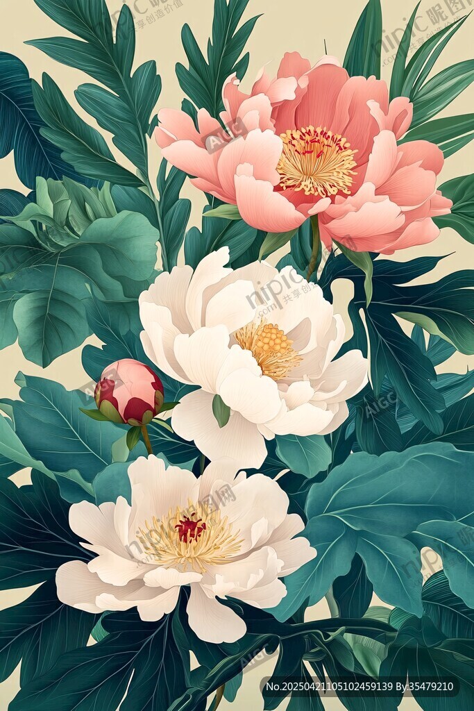 復古風牡丹花卉插畫