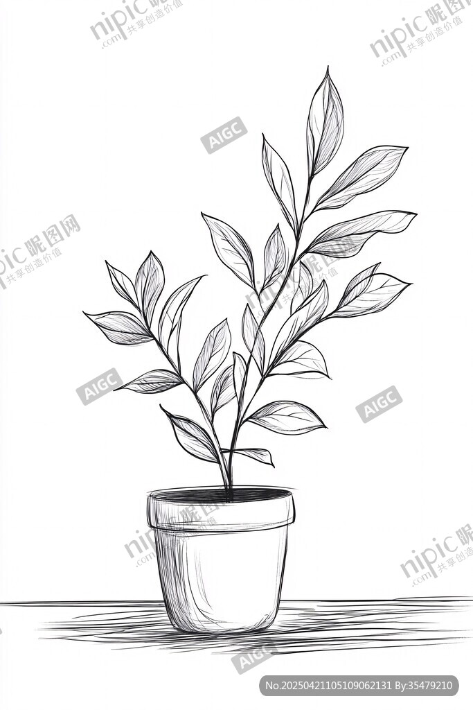 手繪盆栽植物線條圖