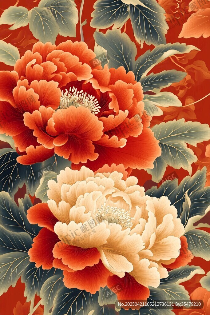 國(guó)色牡丹中式花卉圖案