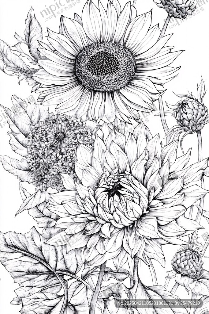黑白花卉手繪插畫