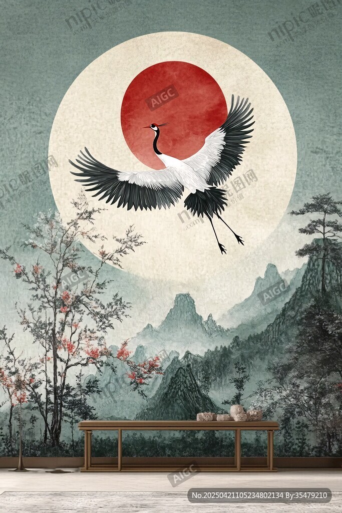 中式仙鶴山水意境壁畫(huà)