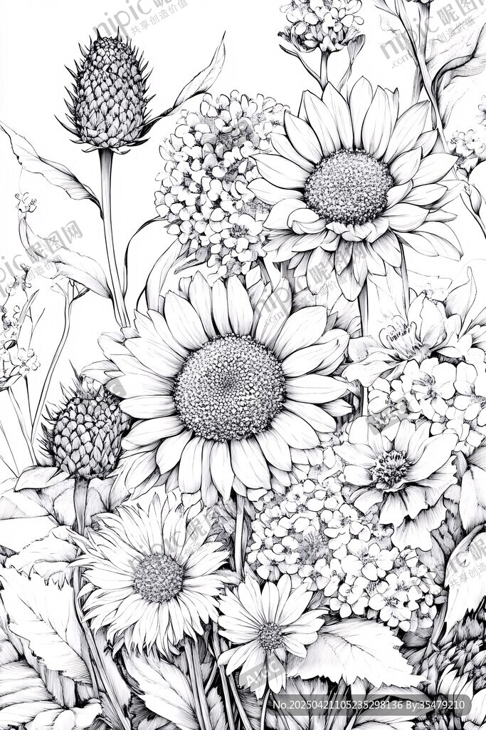 黑白花卉線描插畫
