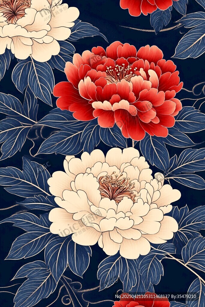 深藍(lán)底牡丹花卉精美圖案