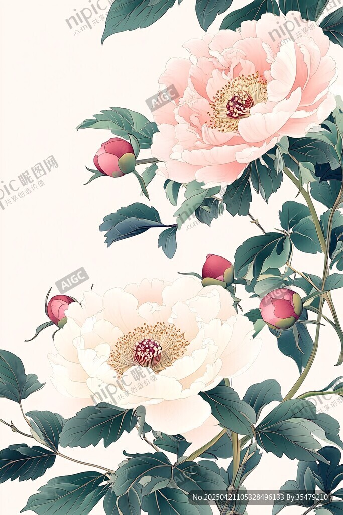 粉白牡丹花卉雅致圖
